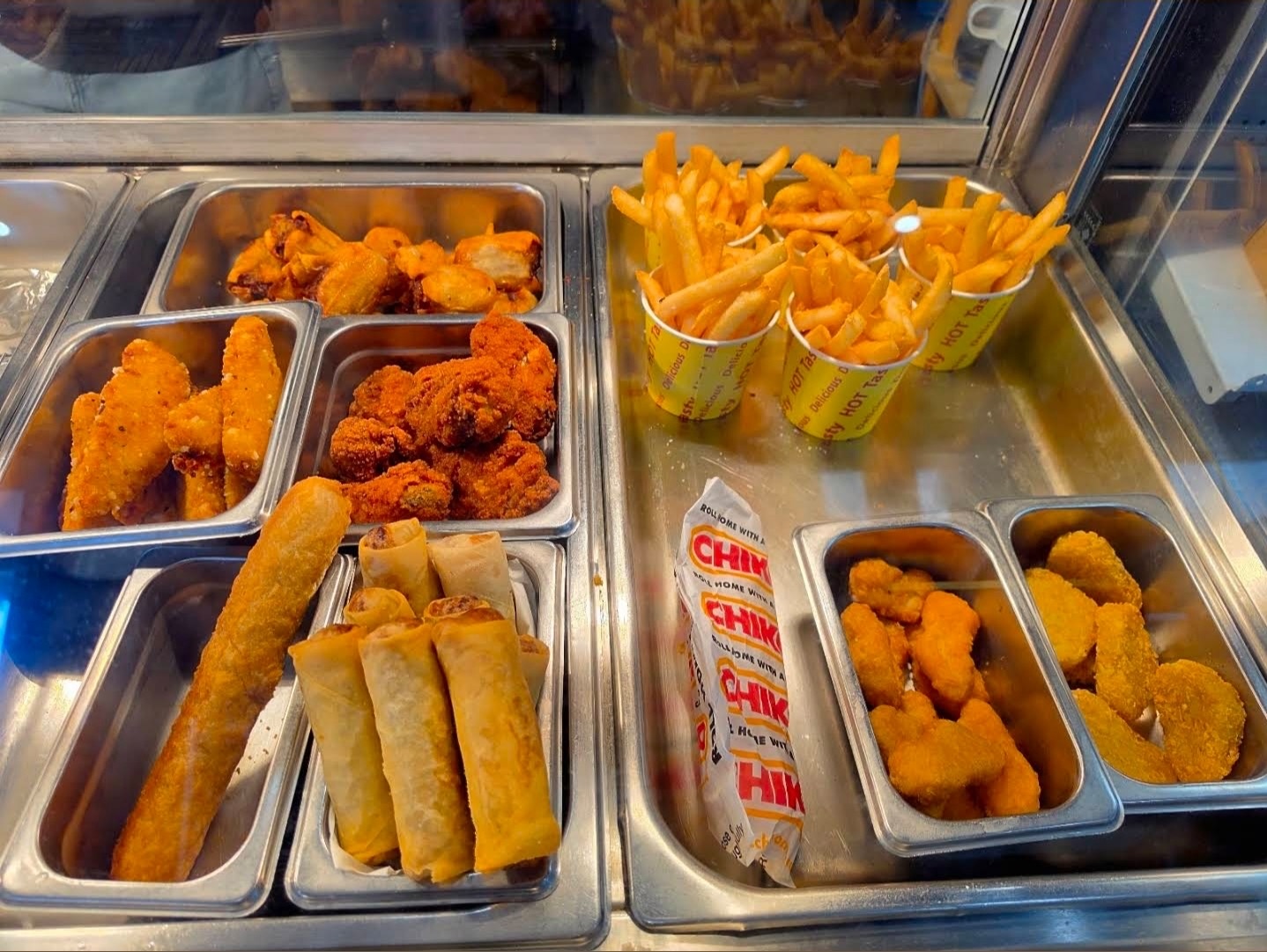 Hot food cabinet at Double Corner Store